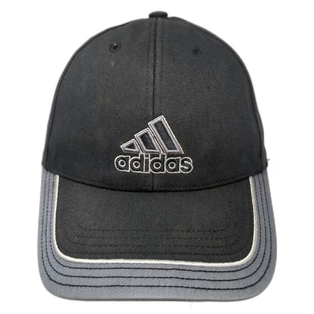 adidas Baseball Cap Black One Size 3-Stripes Strapback Cotton Logo Hat Gray Trim